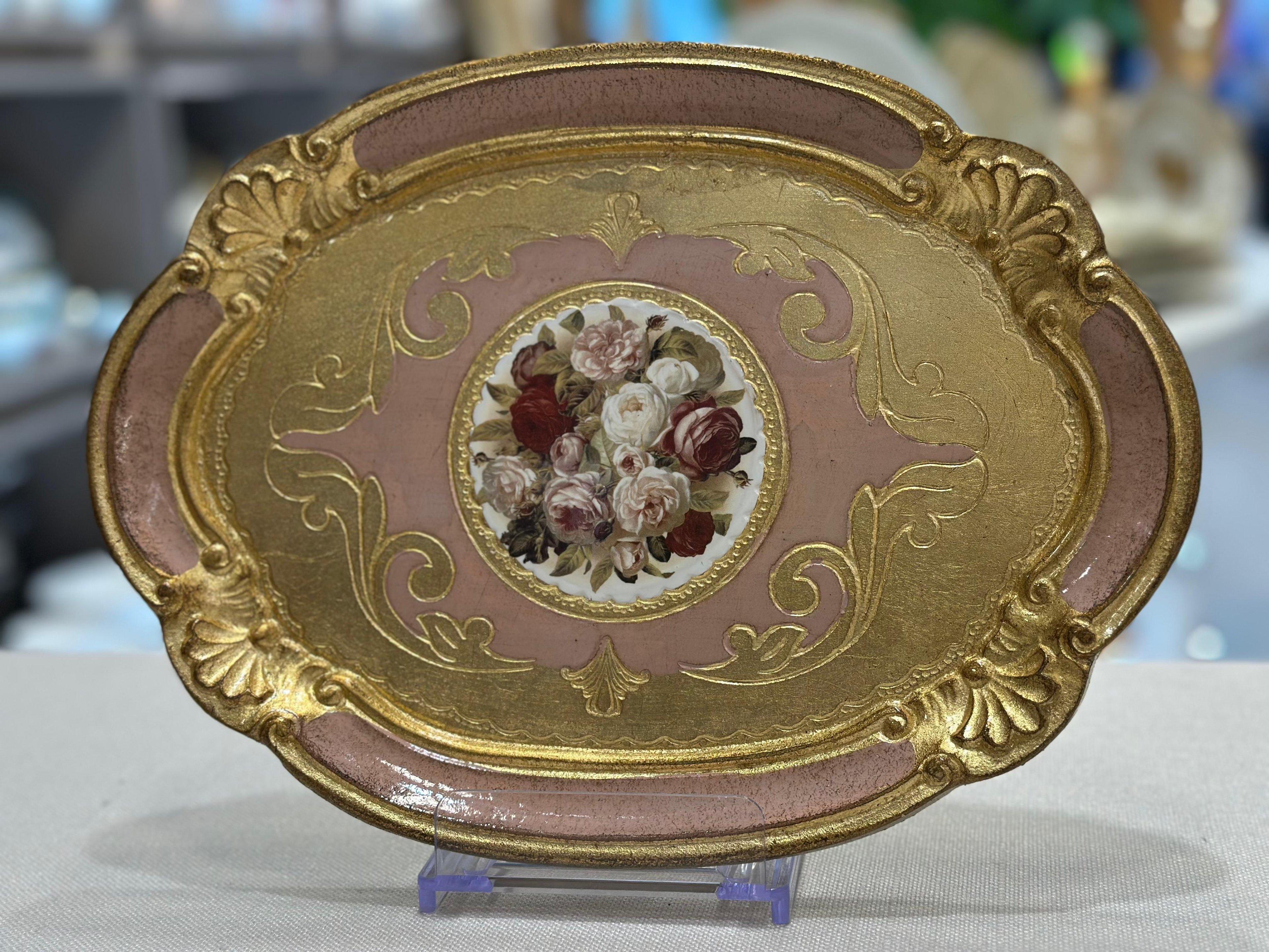 L&M Oval Çiçekli El Yapımı Küçük Gül Ağacı Tepsi (22x30 cm) - PEMBE