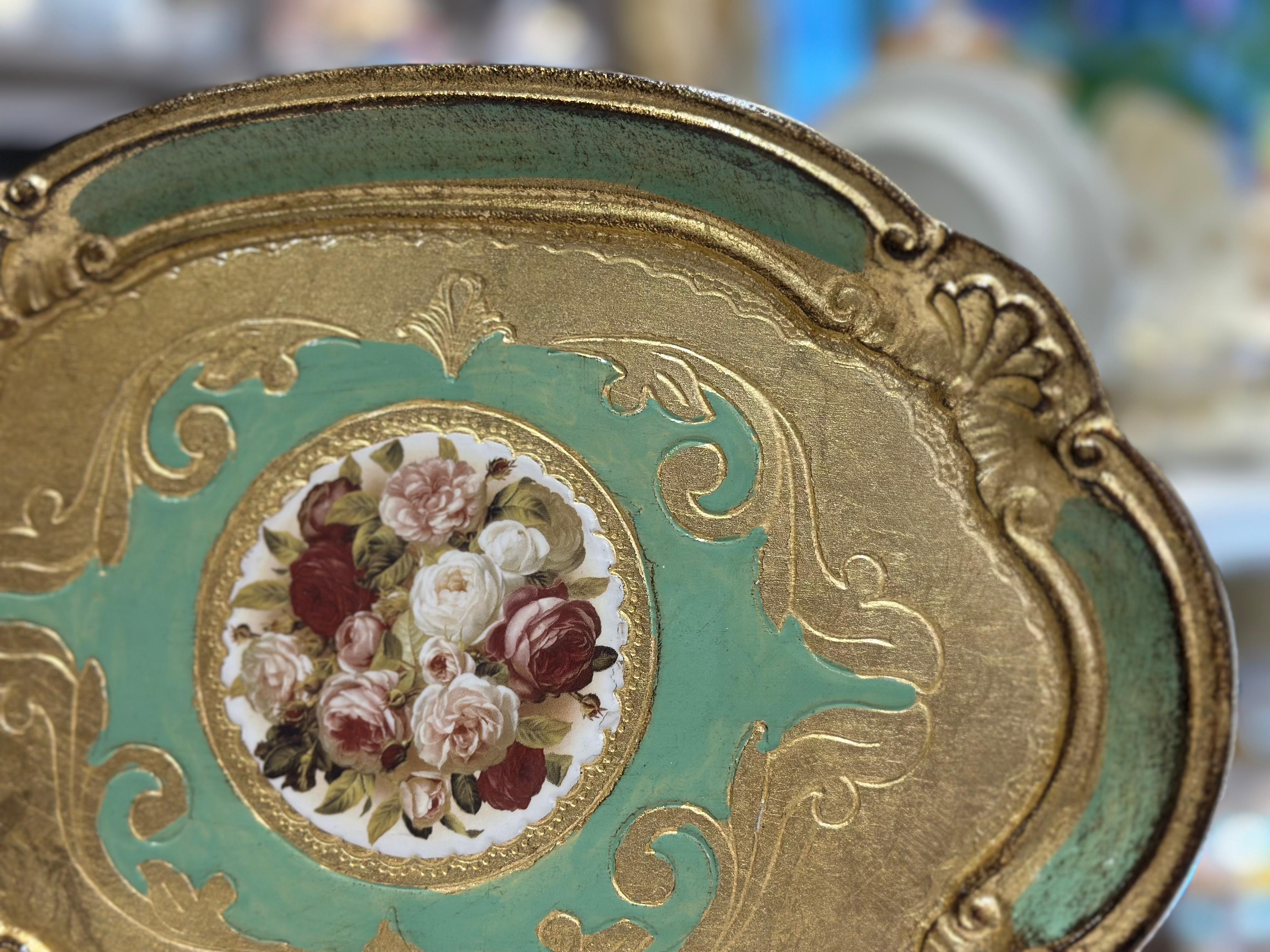 L&M Oval Çiçekli El Yapımı Küçük Gül Ağacı Tepsi (22x30 cm) - YEŞİL