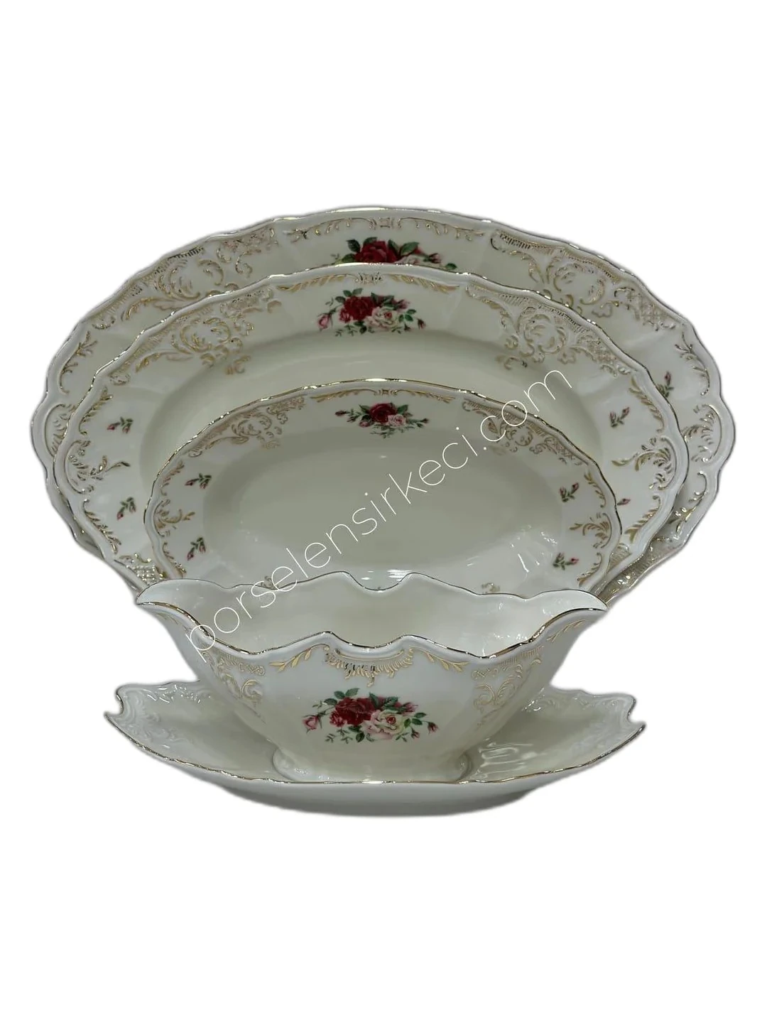 Bernadotte İngiliz Yaldız Bordo Çiçek 77 Parça 12 Kişilik Yemek Takımı