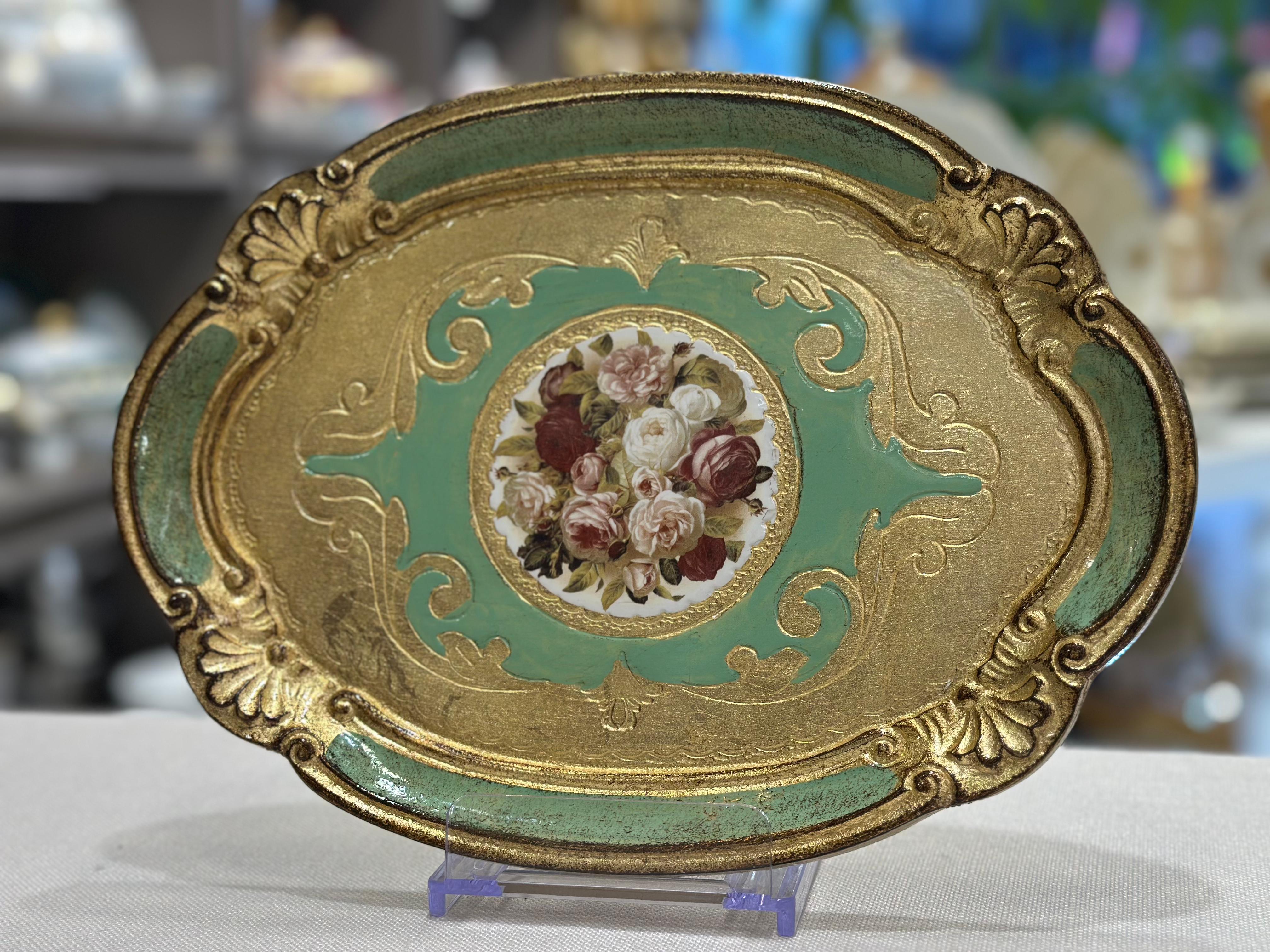 L&M Oval Çiçekli El Yapımı Küçük Gül Ağacı Tepsi (22x30 cm) - YEŞİL