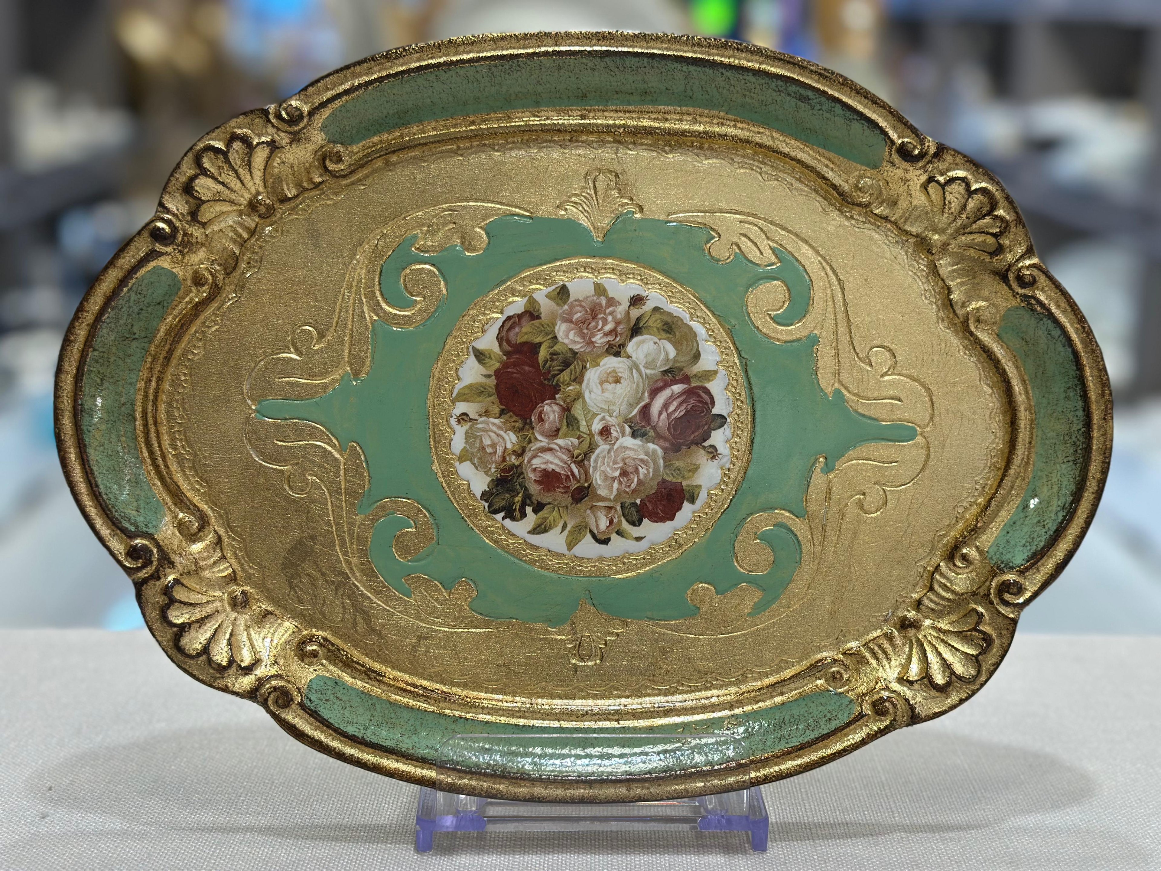 L&M Oval Çiçekli El Yapımı Küçük Gül Ağacı Tepsi (22x30 cm) - YEŞİL