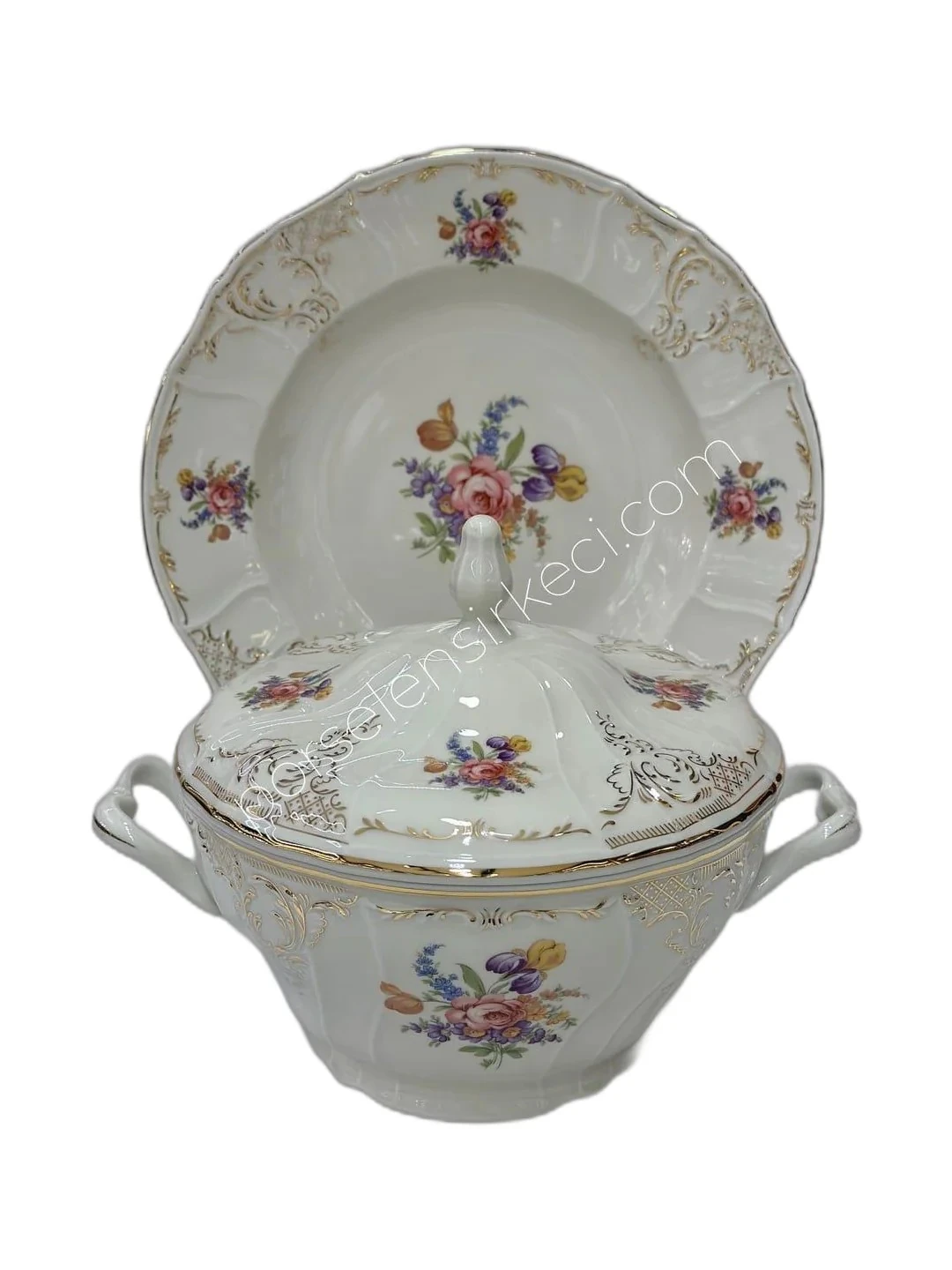 Bernadotte İngiliz Altın Pembe Çiçek 77 Parça 12 Kişilik Yemek Takımı