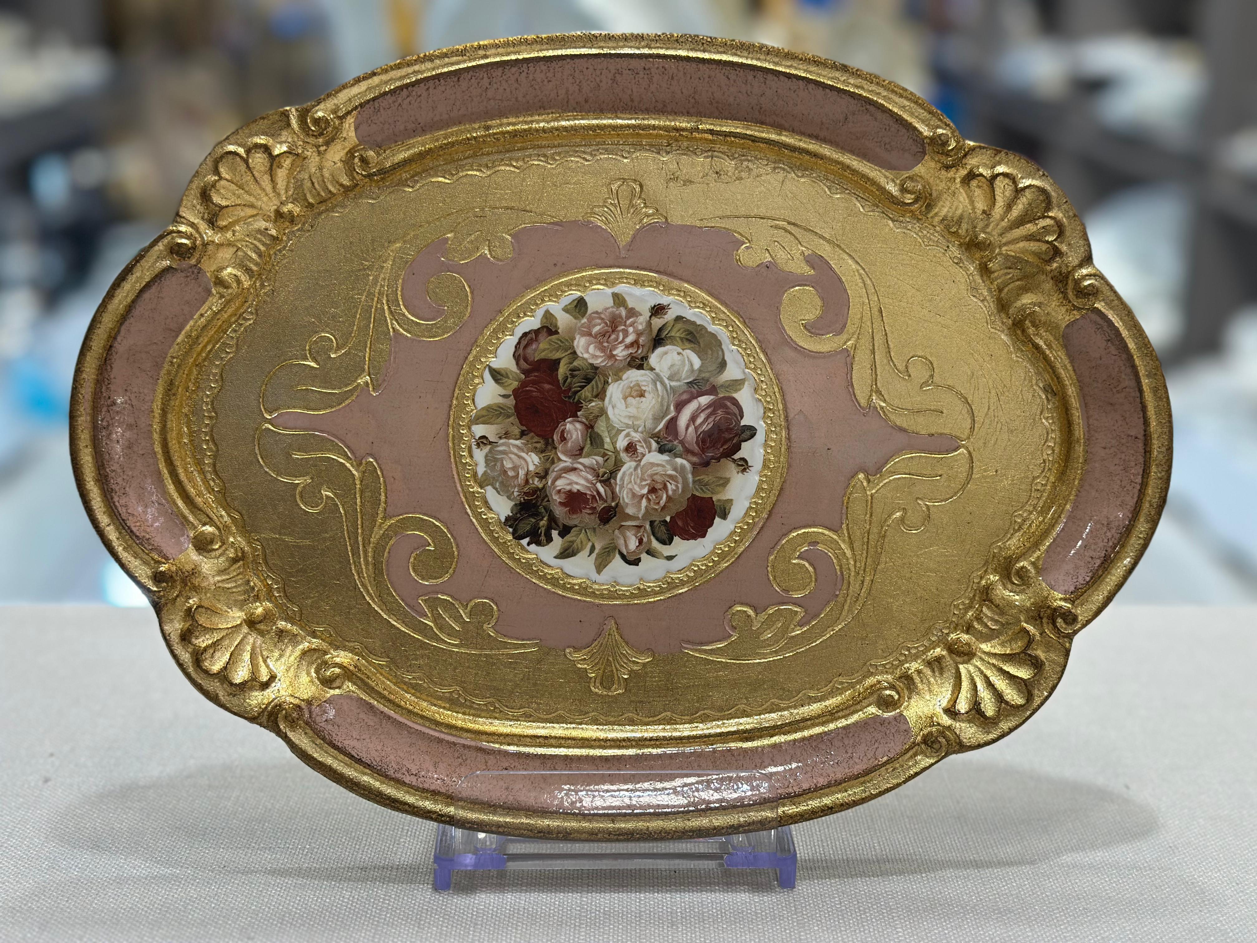 L&M Oval Çiçekli El Yapımı Küçük Gül Ağacı Tepsi (22x30 cm) - PEMBE