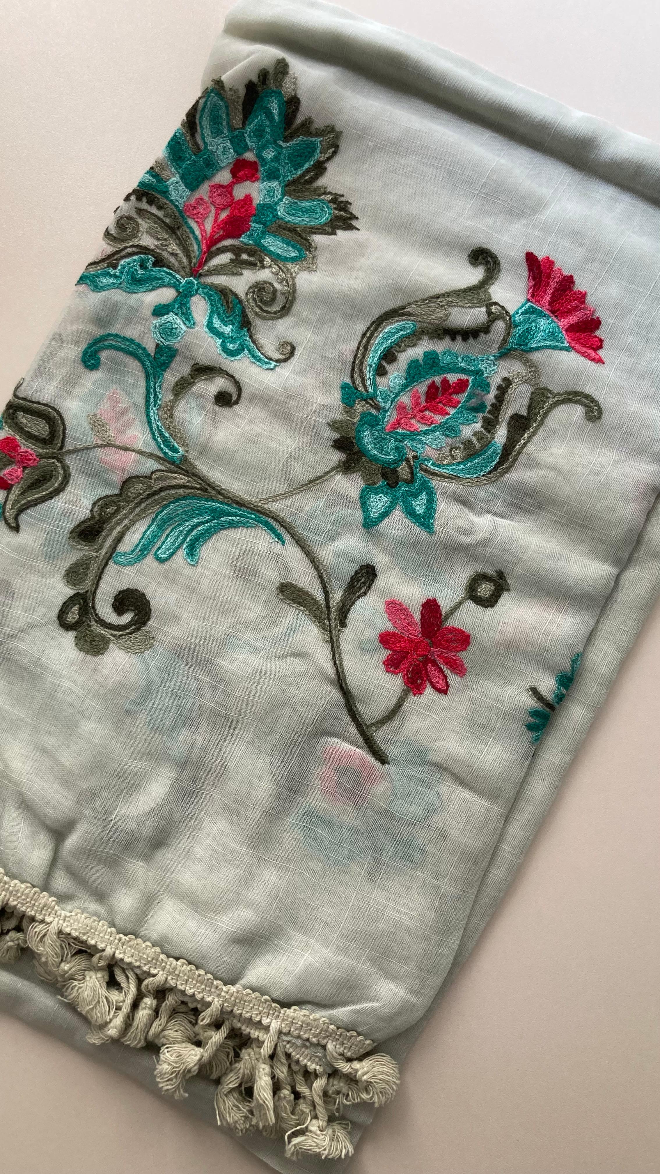 Mint Karanfil Nakışlı Taşlanmış Keten Şal 185*85
