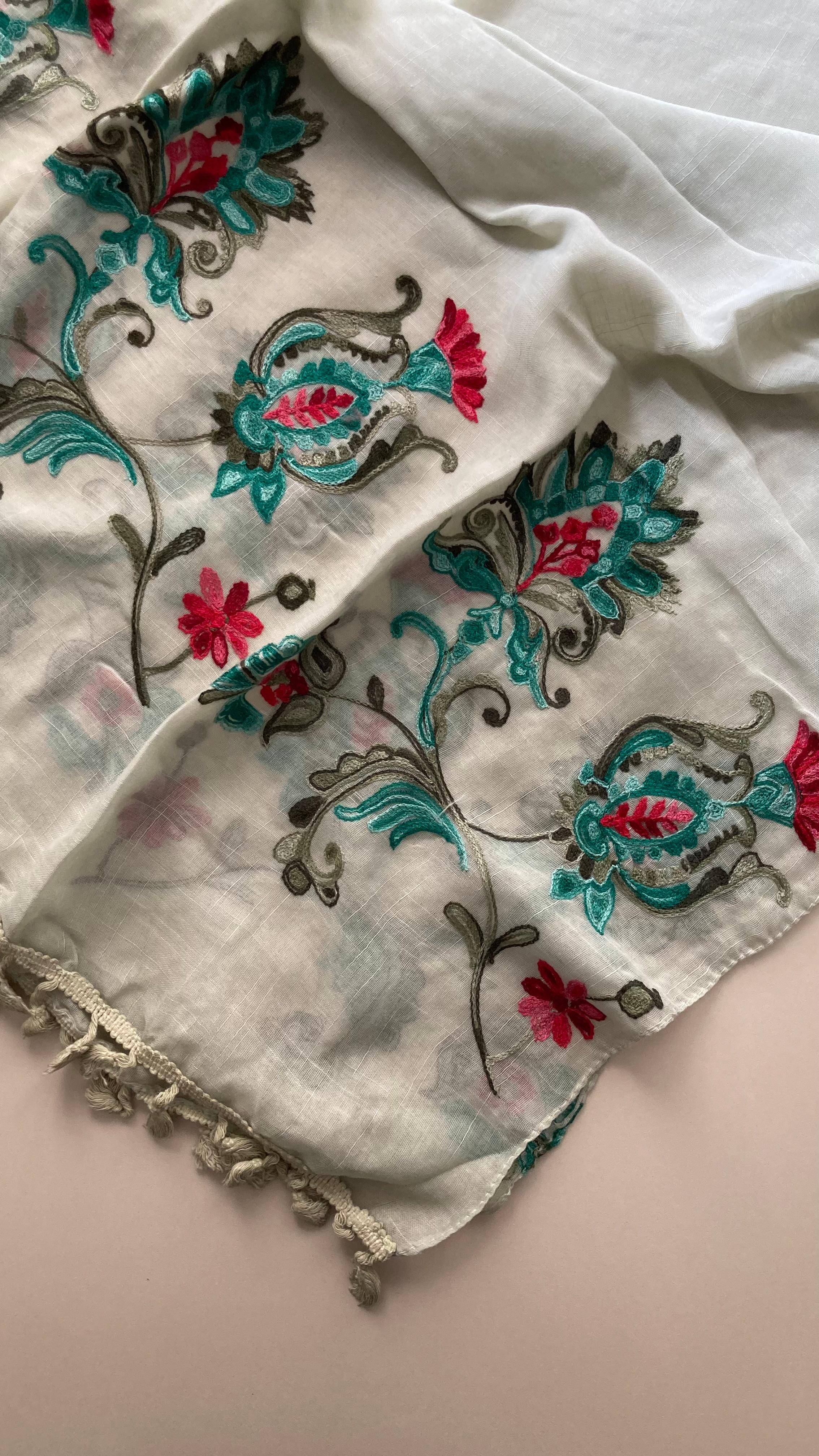 Mint Karanfil Nakışlı Taşlanmış Keten Şal 185*85