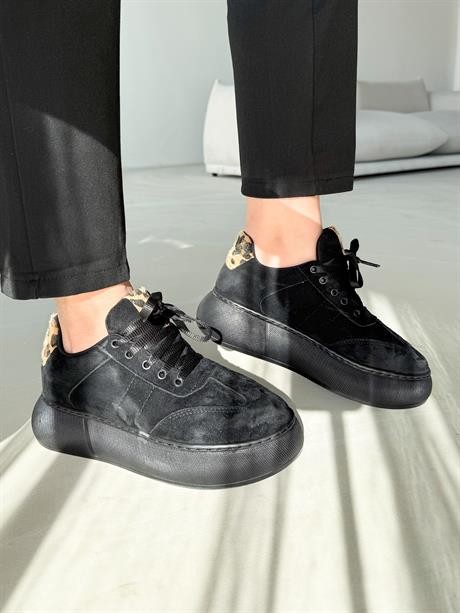 Kadın Sneaker Siyah Süet Yüksek Taban Bağcıklı Spor Ayakkabı Leopar Desenli Azin