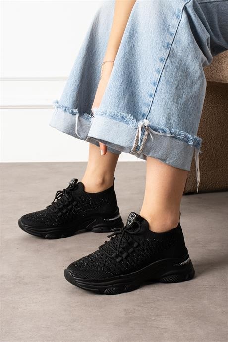 Kadın Sneaker Kalın Taban Bağcıklı Triko Taş Detaylı Spor Ayakkabı Bome Siyah
