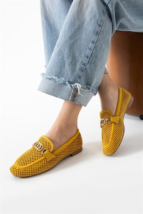 Kadın Yazlık Delikli Loafer Günlük Ayakkabı Sariva Hardal