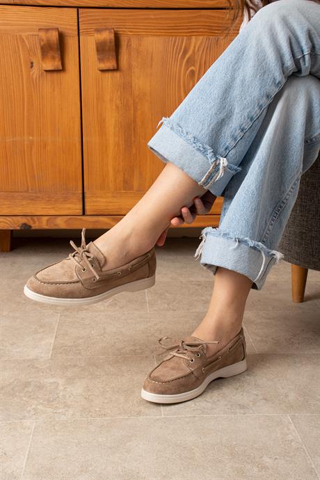 Kadın Vizon Süet Düz Taban Bağcıklı Loafer Günlük Ayakkabı Bonk