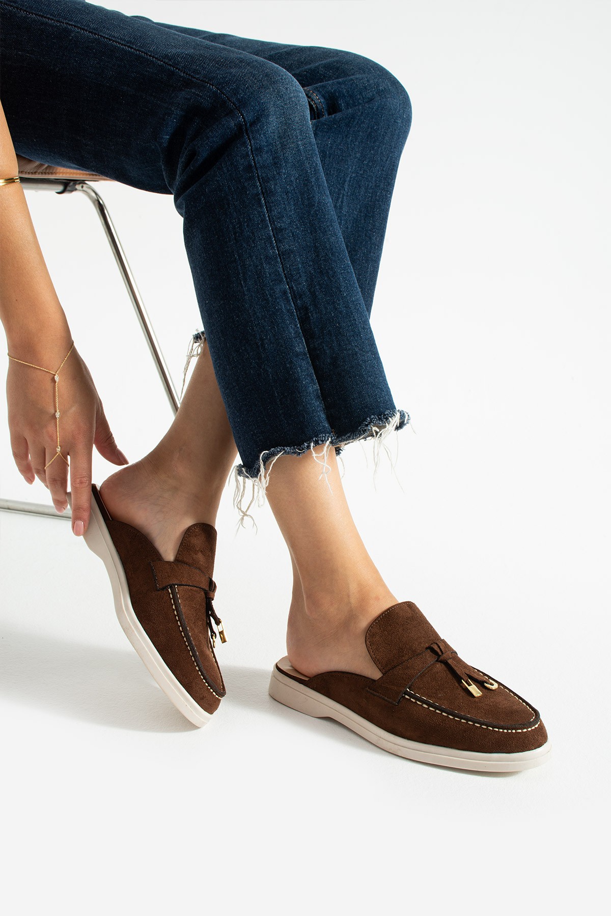 Kadın Kahve Süet Slip-On Loafer Kadın Terlik Luna