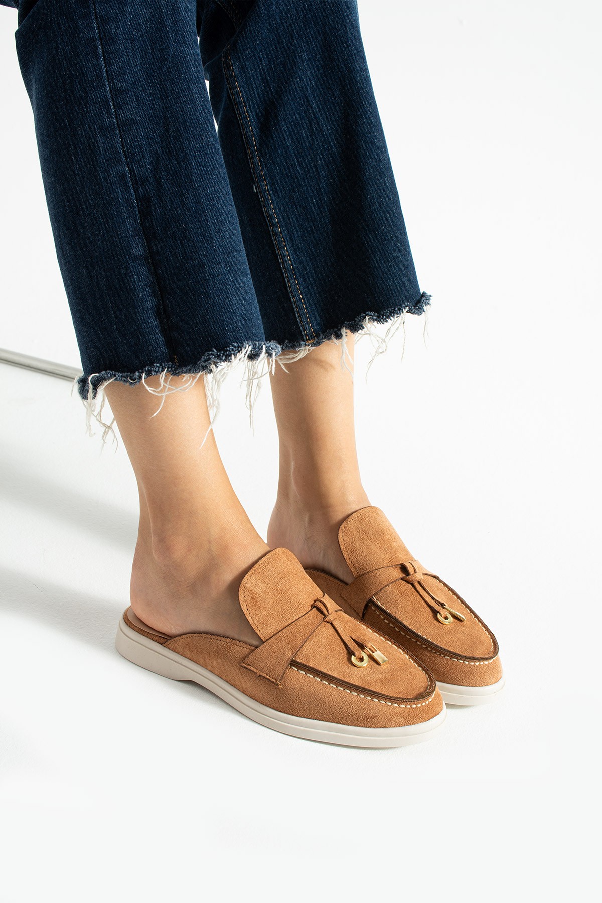 Kadın Taba Süet Slip-On Loafer Kadın Terlik Luna