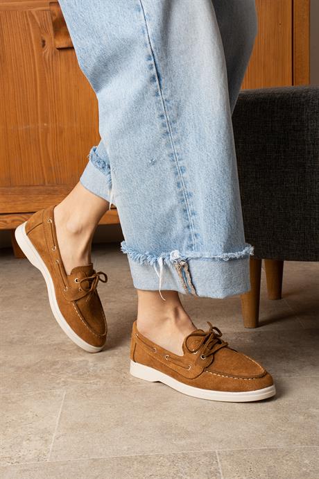 Kadın Taba Süet Düz Taban Bağcıklı Loafer Günlük Ayakkabı Bonk