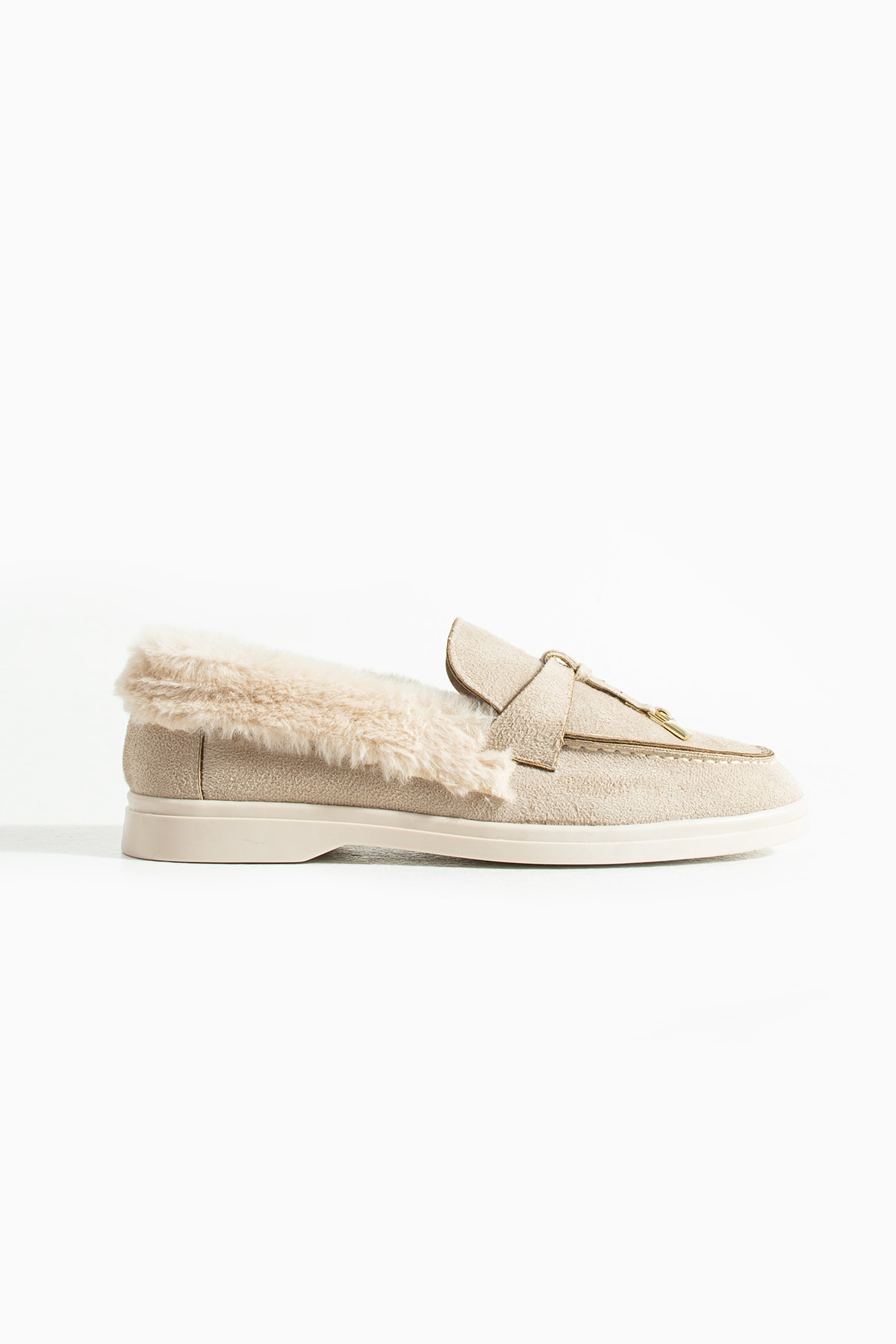 Kadın Bej Loafer Peluş Tüylü Rahat Süet Ayakkabı Puffy
