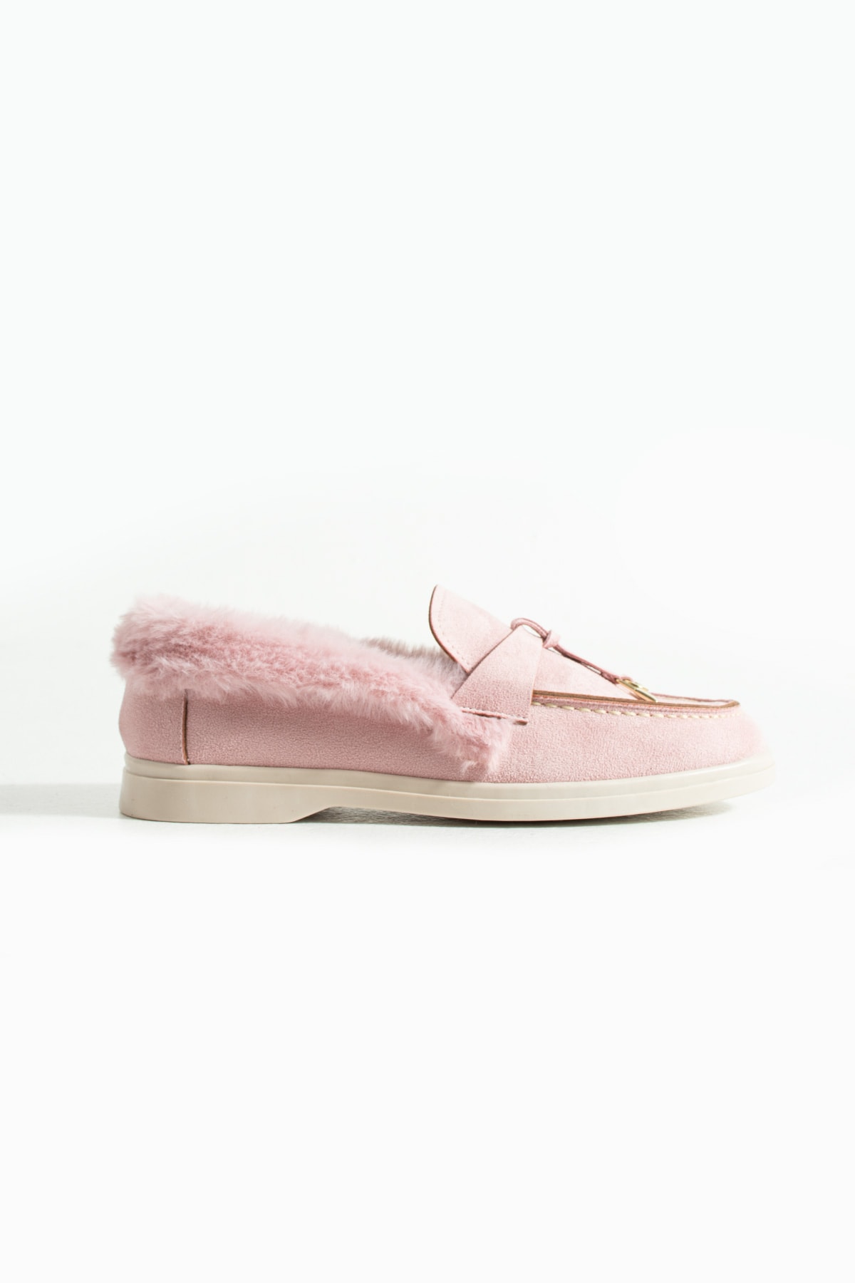 Kadın Pudra Loafer Peluş Tüylü Rahat Süet Ayakkabı Puffy