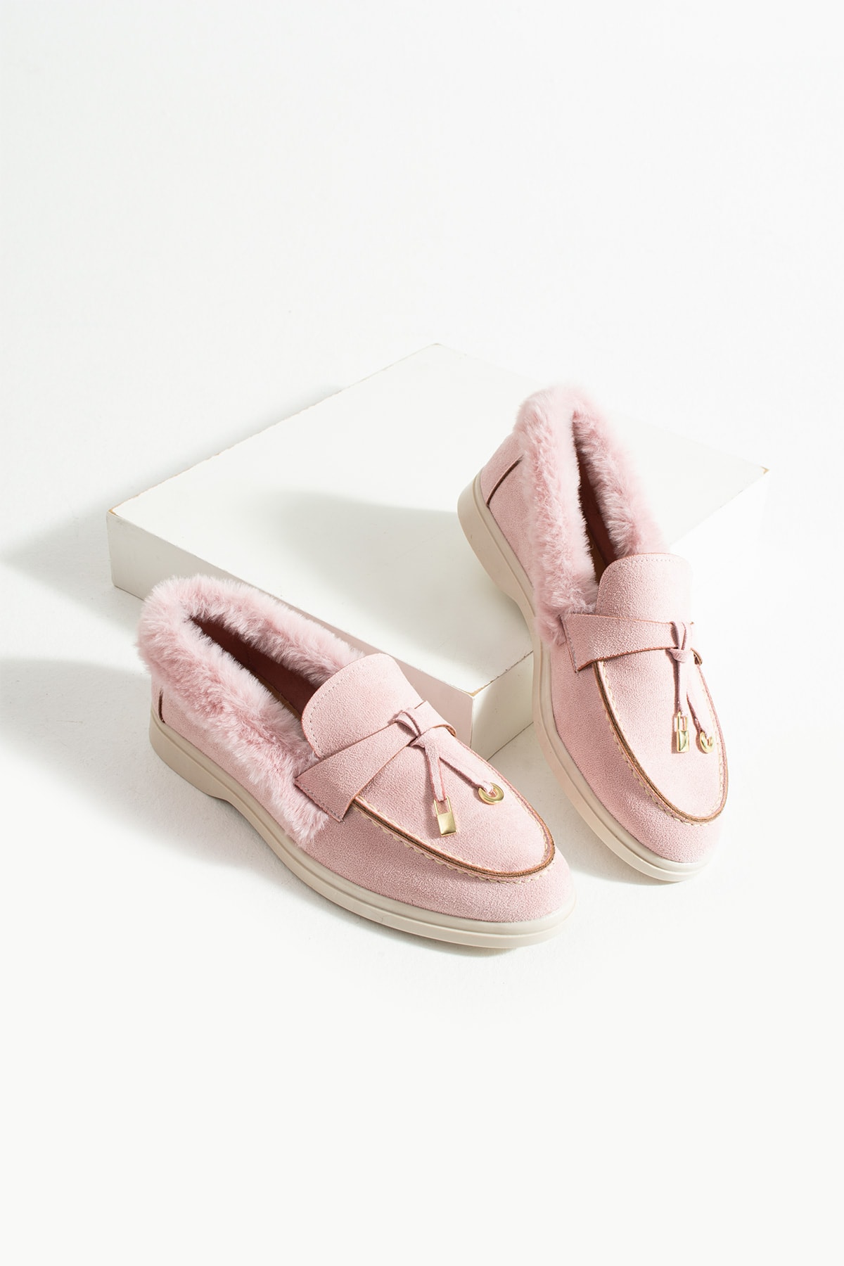 Kadın Pudra Loafer Peluş Tüylü Rahat Süet Ayakkabı Puffy