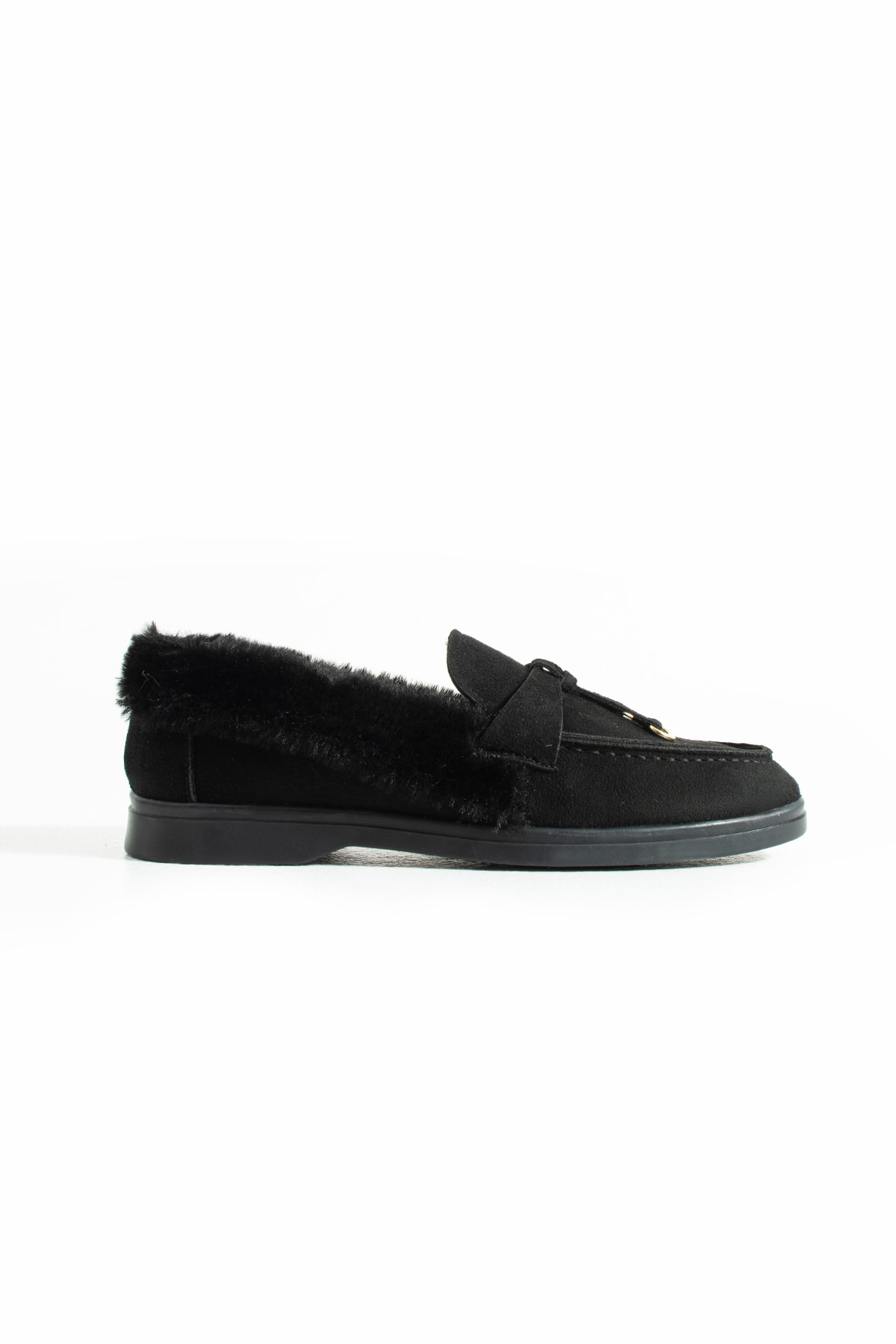 Kadın Siyah Loafer Peluş Tüylü Rahat Süet Ayakkabı Puffy