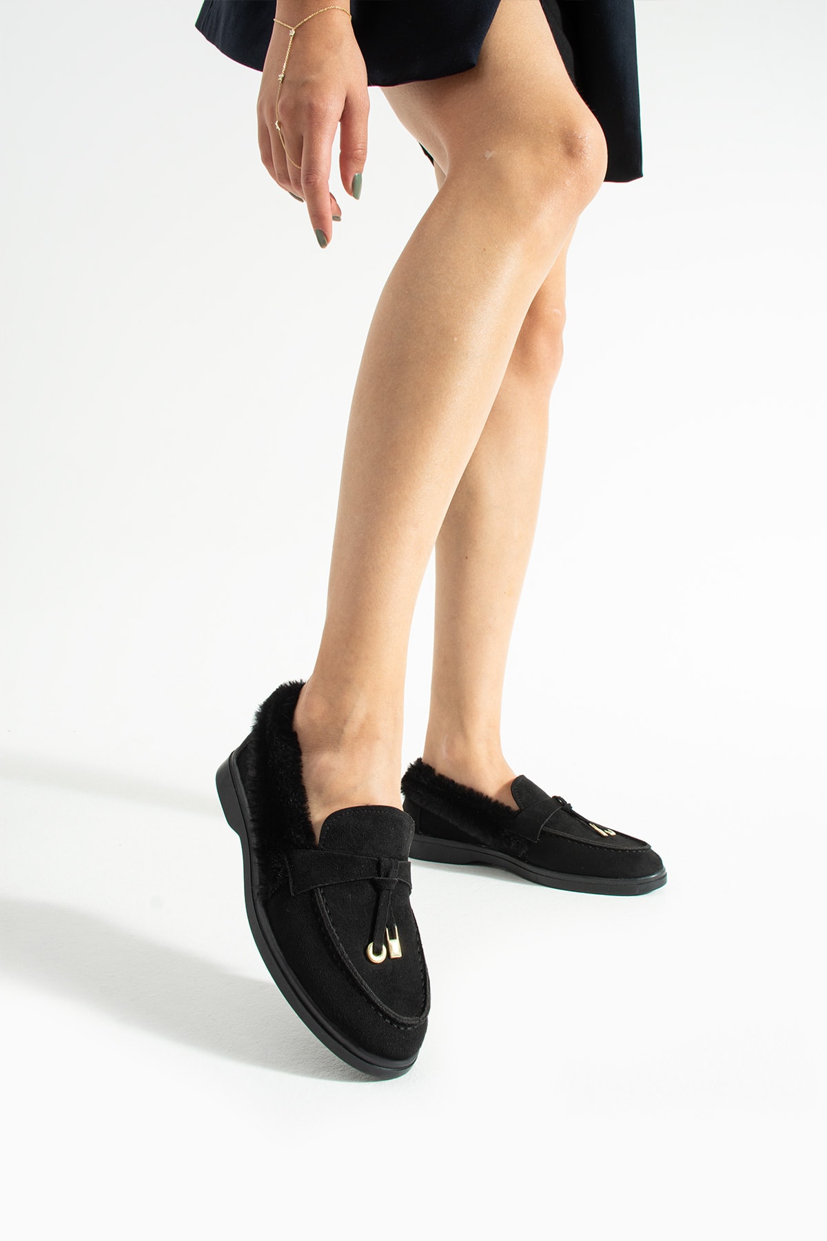 Kadın Siyah Loafer Peluş Tüylü Rahat Süet Ayakkabı Puffy