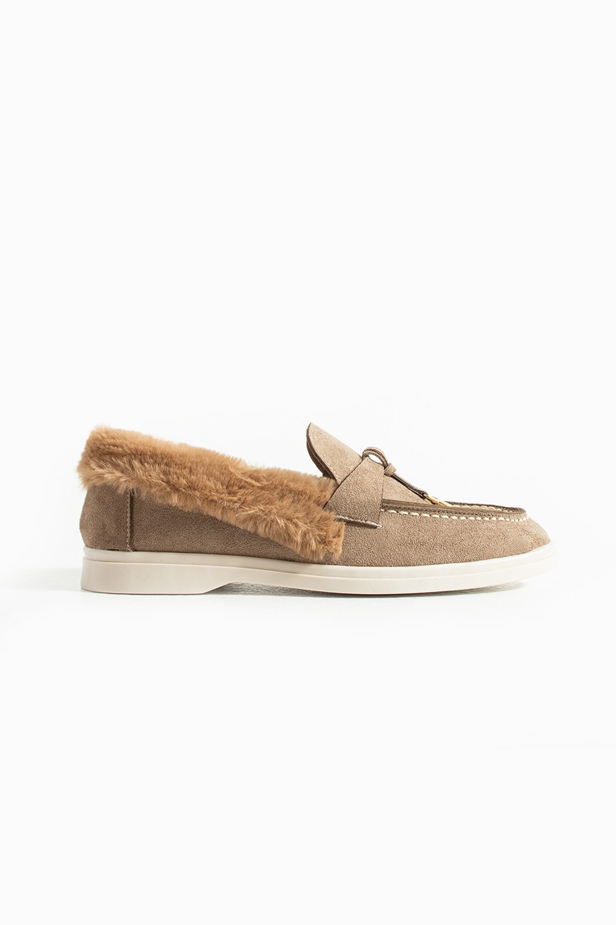 Kadın Vizon Loafer Peluş Tüylü Rahat Süet Ayakkabı Puffy