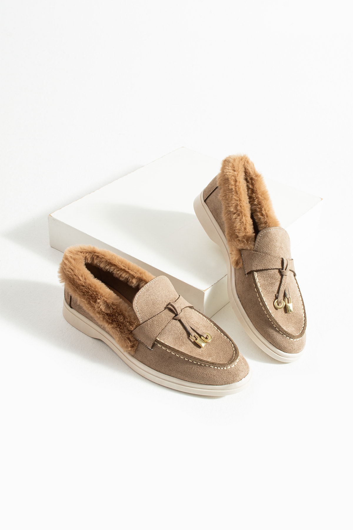 Kadın Vizon Loafer Peluş Tüylü Rahat Süet Ayakkabı Puffy