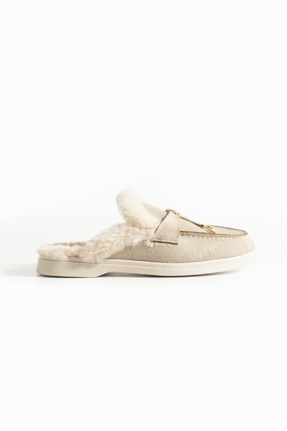 Kadın Bej Süet  Tüylü Slip-On Loafer Terlik Pufi