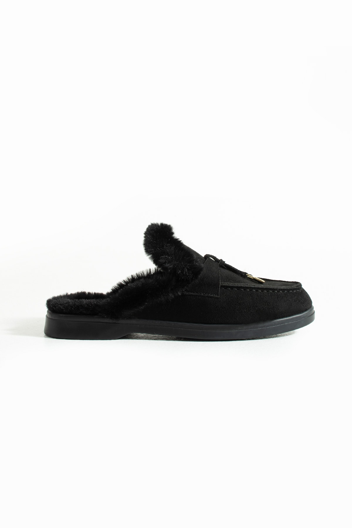 Kadın Siyah Süet  Tüylü Slip-On Loafer Terlik Pufi