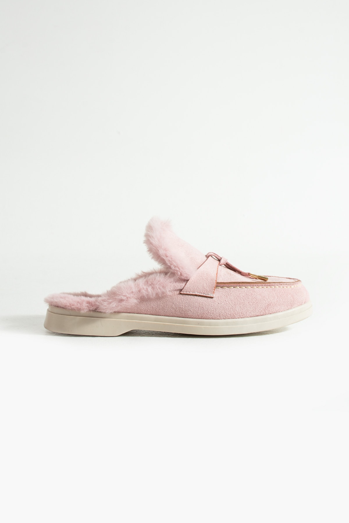 Kadın Pudra Süet  Tüylü Slip-On Loafer Terlik Pufi