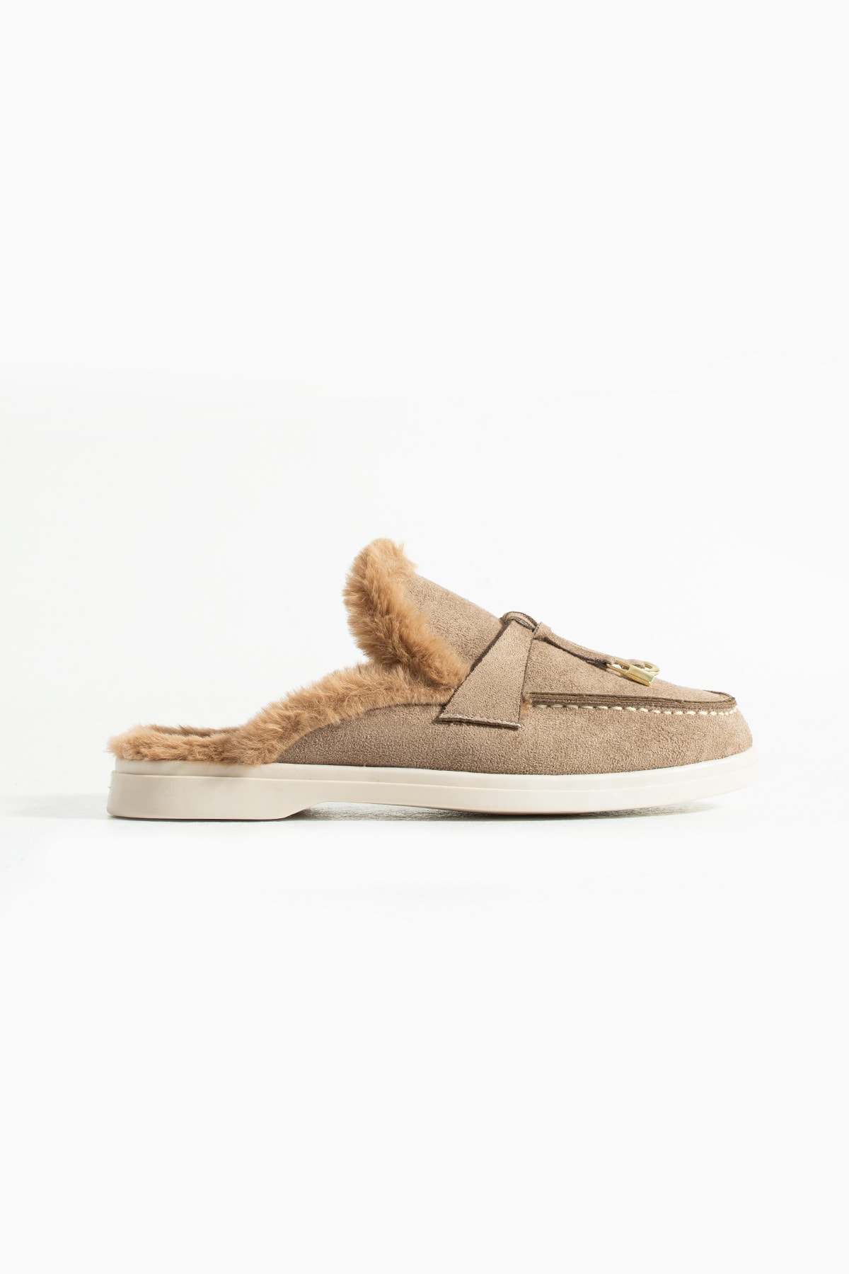 Kadın Vizon Süet  Tüylü Slip-On Loafer Terlik Pufi