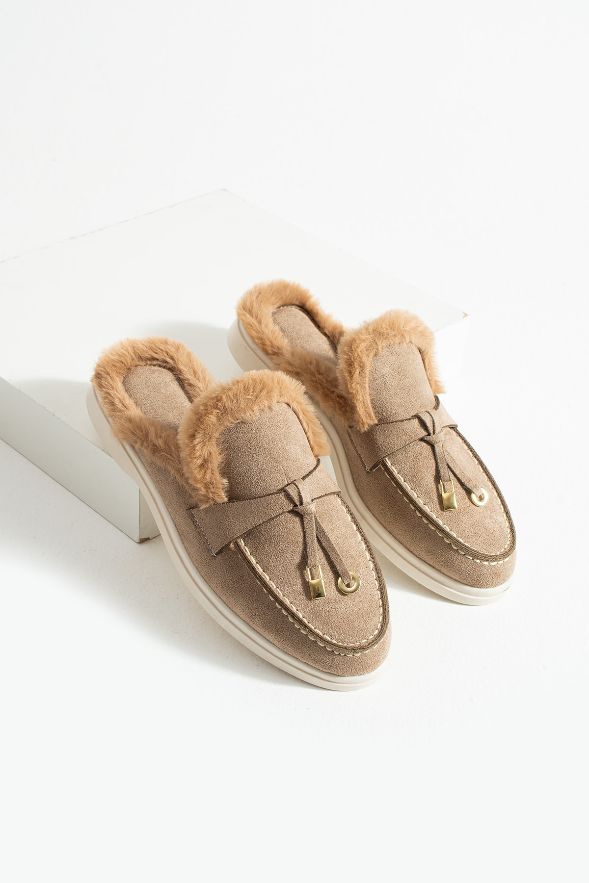 Kadın Vizon Süet  Tüylü Slip-On Loafer Terlik Pufi