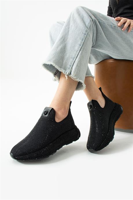 Kadın Sneaker Kalın Taban  Streç Taş Detaylı Spor Ayakkabı Sarge Siyah