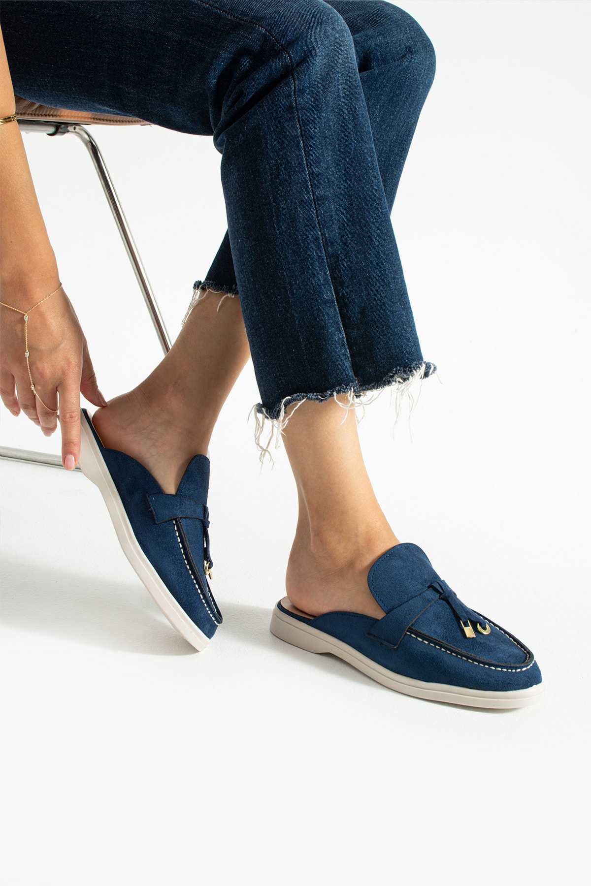 Kadın Lacivert Süet Slip-On Loafer Kadın Terlik Luna
