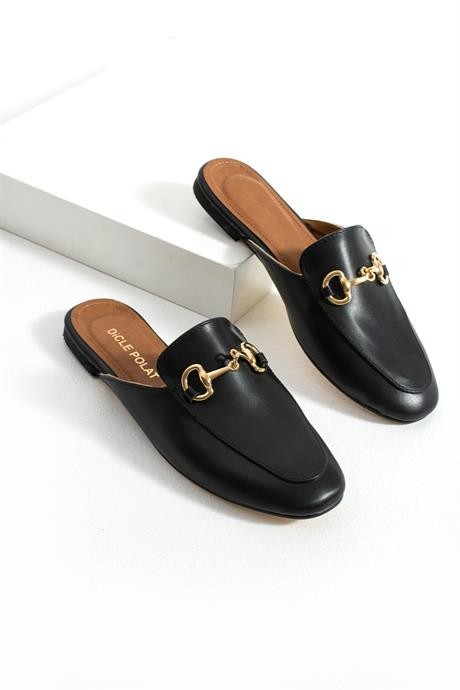 Kadın Siyah Loafer Terlik Altın Metal Tokalı Meniz