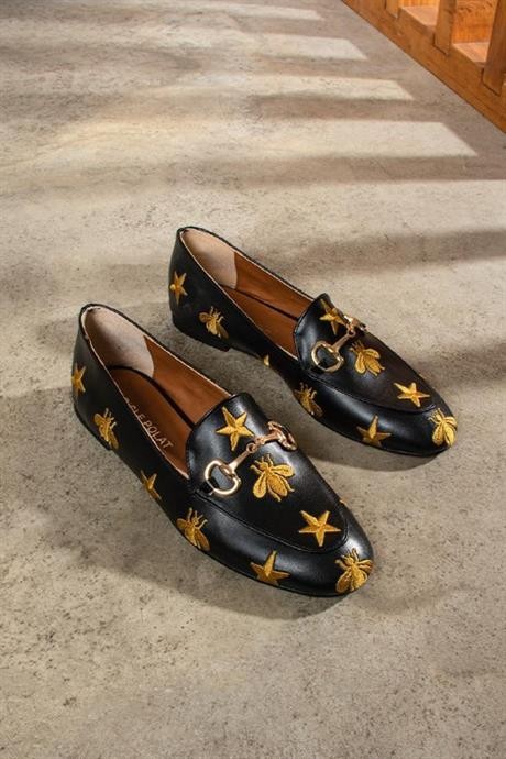 Kadın Loafer Nakışlı Günlük Makosen Ayakkabı Forela Siyah