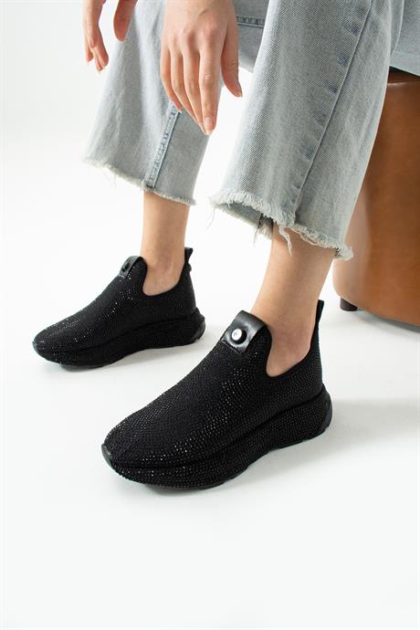 Kadın Sneaker Kalın Taban  Streç Taş Detaylı Spor Ayakkabı Sarge Siyah