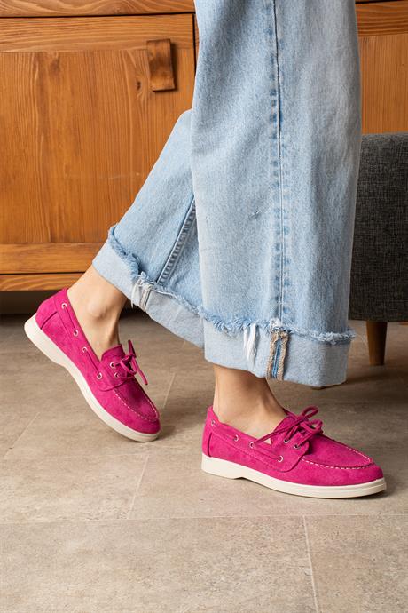 Kadın Fuşya Süet Düz Taban Bağcıklı Loafer Günlük Ayakkabı Bonk