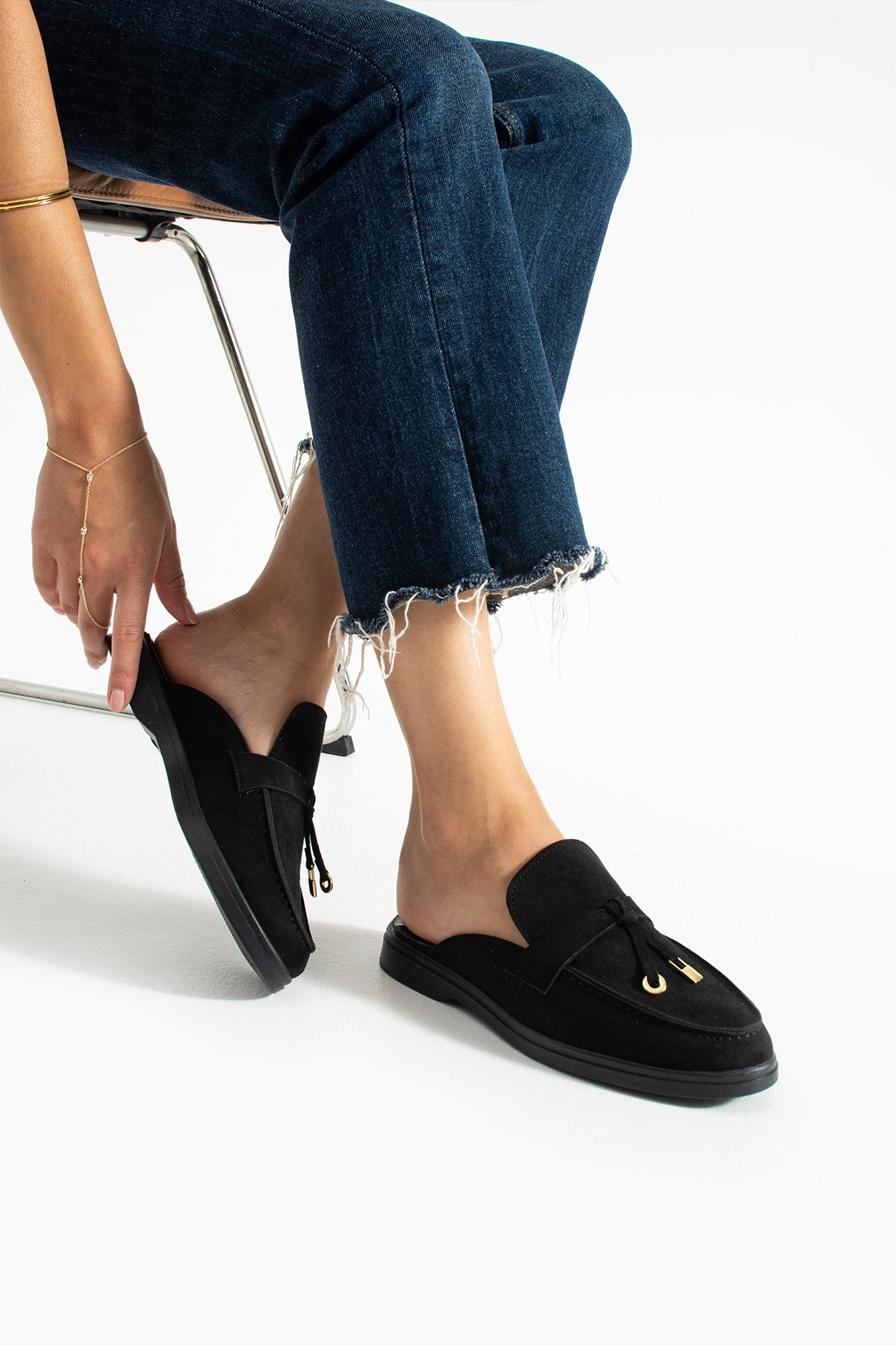 Kadın Siyah Süet Slip-On Loafer Kadın Terlik Luna