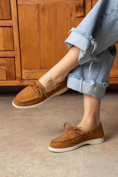 Kadın Taba Süet Düz Taban Bağcıklı Loafer Günlük Ayakkabı Bonk