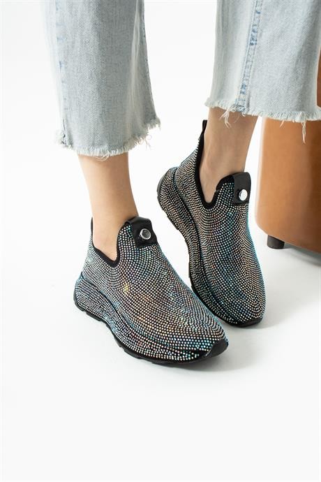 Kadın Sneaker Kalın Taban  Streç Gümüş Taş Detaylı Spor Ayakkabı Sarge Siyah