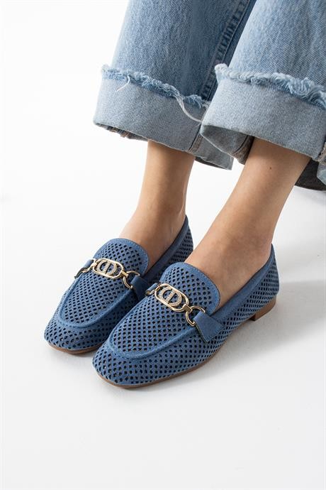 Kadın Yazlık Delikli Loafer Günlük Ayakkabı Sariva Kot Mavi