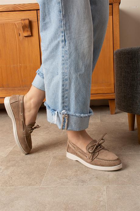 Kadın Vizon Süet Düz Taban Bağcıklı Loafer Günlük Ayakkabı Bonk