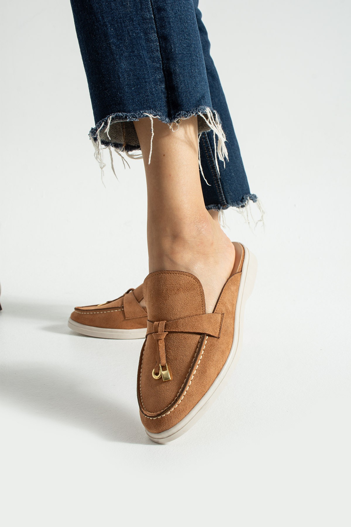 Kadın Taba Süet Slip-On Loafer Kadın Terlik Luna