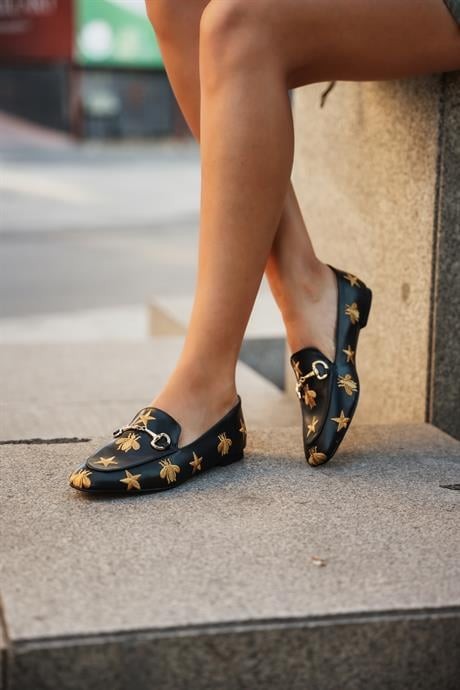 Kadın Loafer Nakışlı Günlük Makosen Ayakkabı Forela Siyah