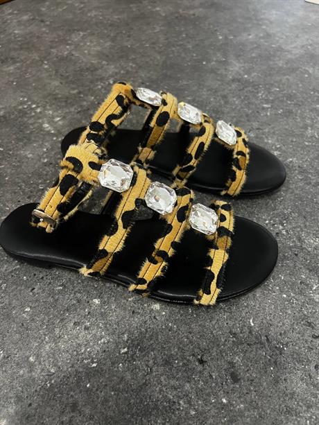 Hola Leopar Mat Taş Detay Kemerli Düz Taban Kadın Sandalet