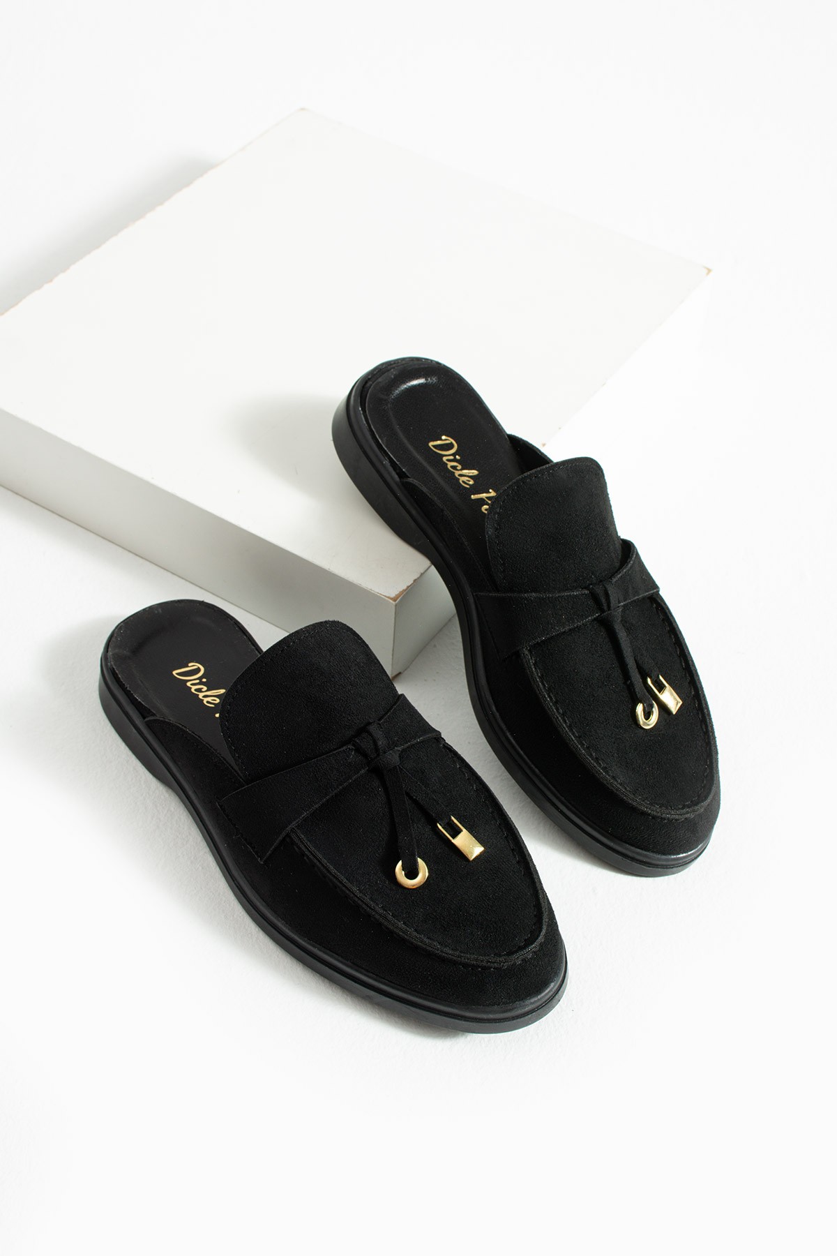 Kadın Siyah Süet Slip-On Loafer Kadın Terlik Luna