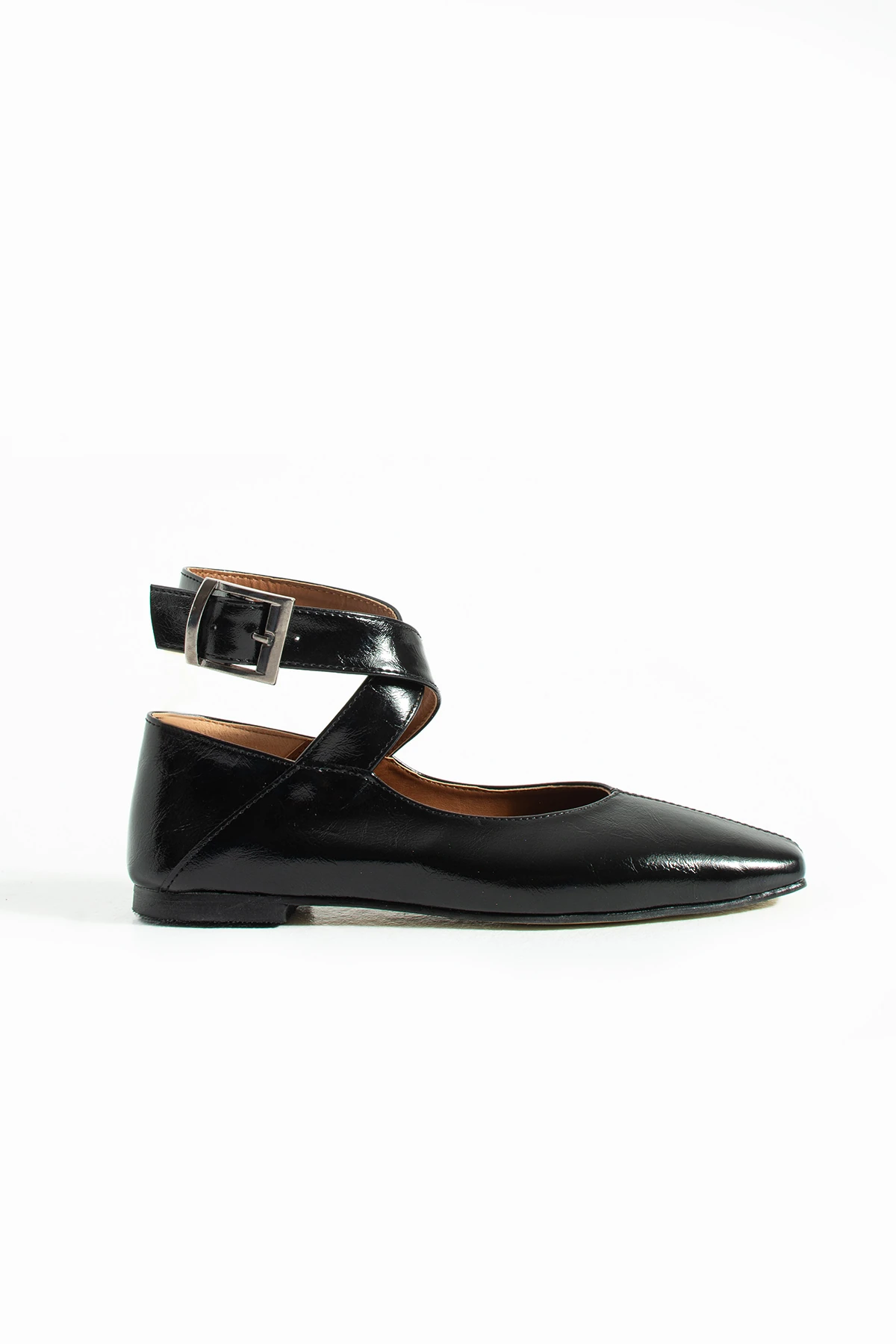 Kadın Siyah Günlük Babet Ayakkabı Bilekten Bağlamalı Rahat Düz Taban Solea