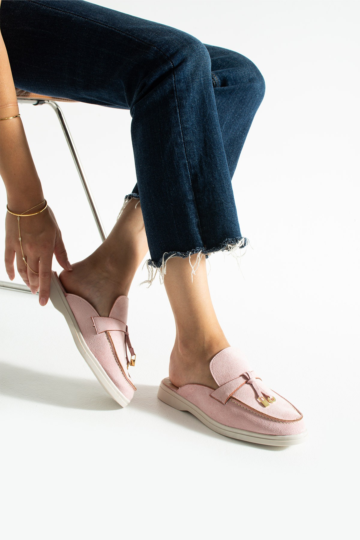 Kadın Pudra Süet Slip-On Loafer Kadın Terlik Luna