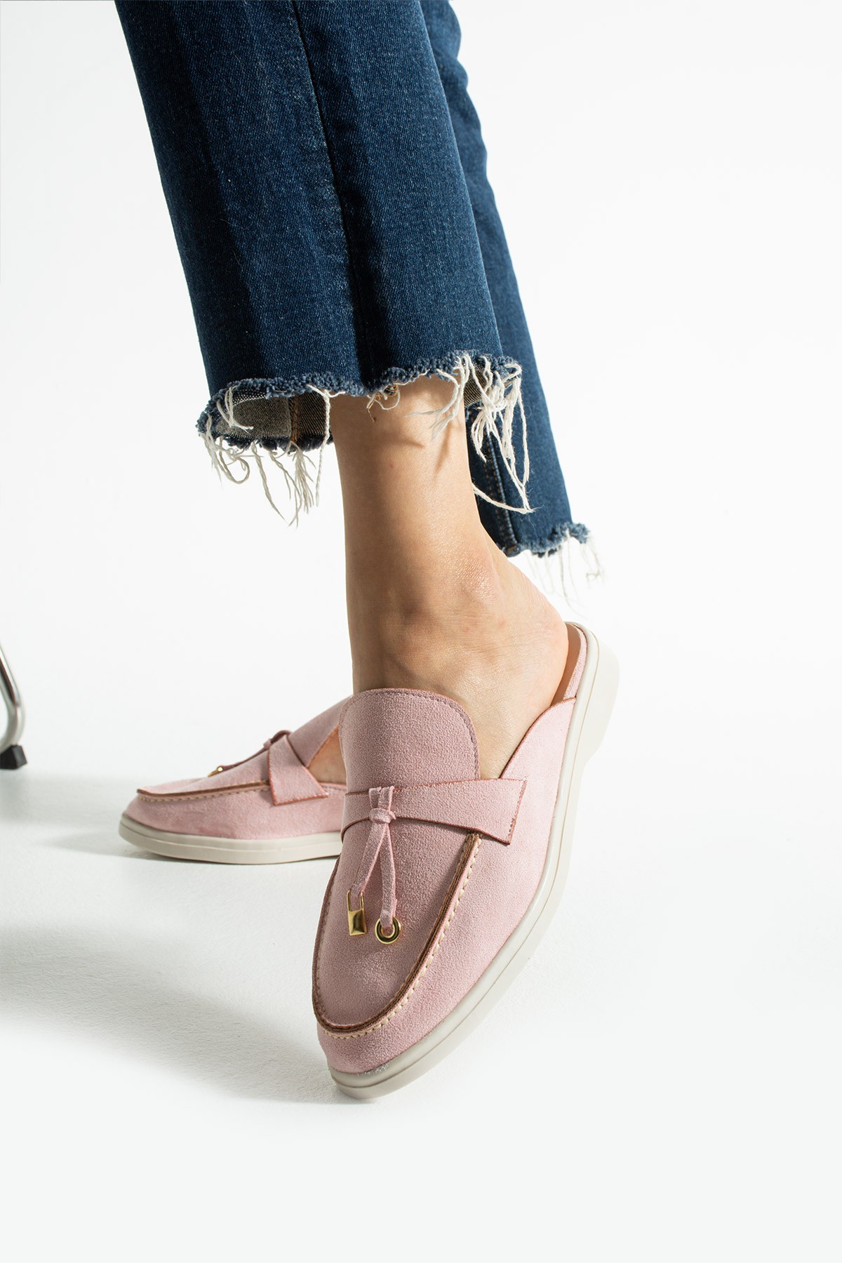 Kadın Pudra Süet Slip-On Loafer Kadın Terlik Luna
