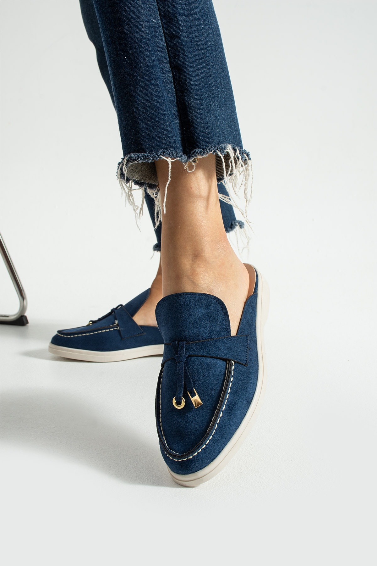 Kadın Lacivert Süet Slip-On Loafer Kadın Terlik Luna