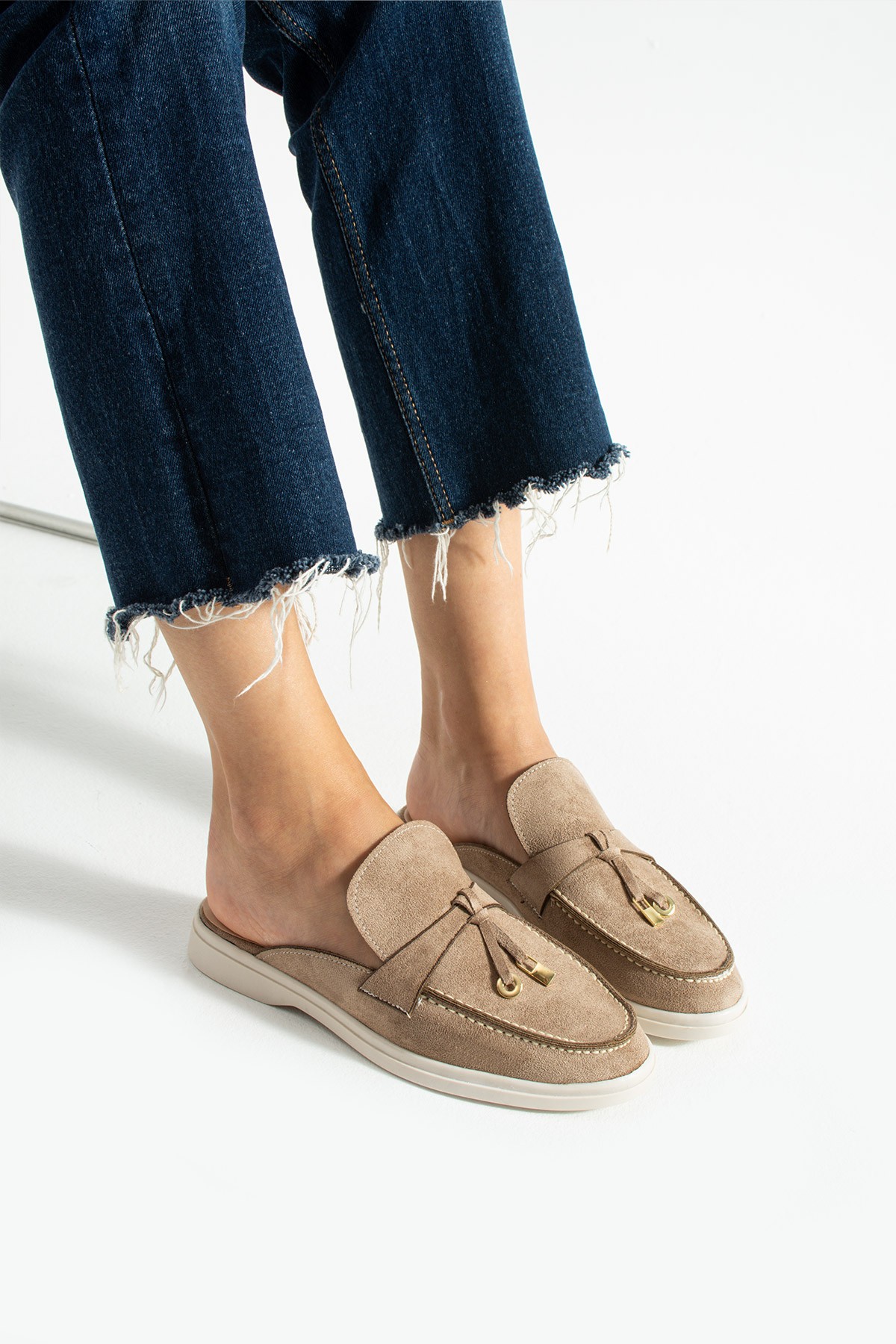 Kadın Vizon Süet Slip-On Loafer Kadın Terlik Luna