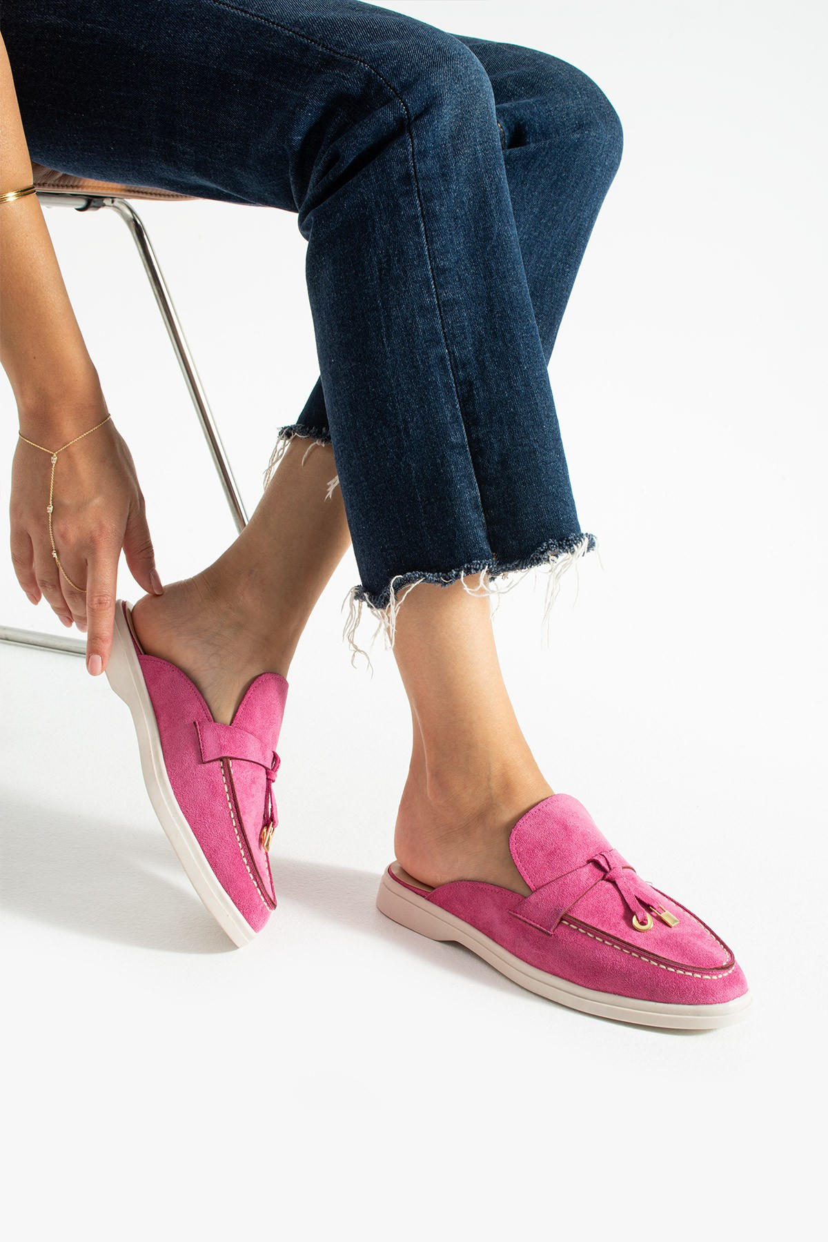 Kadın Fuşya Süet Slip-On Loafer Kadın Terlik Luna