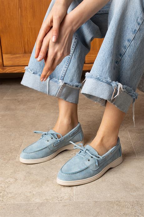 Kadın Bebemavi Süet Düz Taban Bağcıklı Loafer Günlük Ayakkabı Bonk